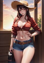 1girls ai_generated belt breasts brown_eyes brown_hair clouds crop_top farmer hand_on_hip harutoart hat holding_bag jean_shorts large_breasts long_hair looking_at_viewer midriff navel original outside shorts sunset trees