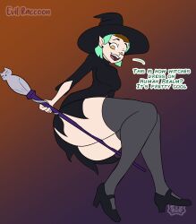 1girls amity_blight dialogue disney english english_text evil_raccoon female female_only green_hair legs pointy_ears solo text the_owl_house thick thick_ass thick_thighs viewed_from_below white_body white_skin witch witch_hat yellow_eyes