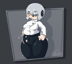 1girls android android_girl big_belly big_breasts big_thighs black_eye black_eyes brocolees button_down_shirt button_gap chubby chubby_female female female_only gijinka glados glados_(human) gray_hair hair_accessory hand_on_belly hand_on_hip hand_on_stomach heterochromia high_pants holding_belly holding_stomach humanization humanized inflation inflation_fetish light-skinned_female light_skin medium_breasts orange_eye orange_eyes part_1 portal_(series) robot robot_girl short_hair simple_background solo thick_thighs tight_clothing tight_fit white_hair wide_hips