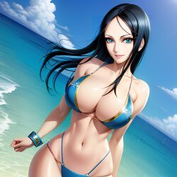 1girl 1girls ai_generated athletic athletic_female beach belly belly_button big_breasts bikini bikini_bottom bikini_top black_hair blue_bikini blue_eyes blue_swimsuit blue_thong breasts busty cleavage clouds curvy enmashusui fanart female female_focus female_only fit fit_female front_view hourglass_figure huge_breasts large_boobs large_breasts light-skinned light-skinned_female light_skin long_hair looking_at_viewer milf nico_robin ocean one_piece pinup portrait post-timeskip sea seaside sky smile smiling smiling_at_viewer stomach swimsuit toned toned_belly toned_body toned_female toned_stomach two_piece_swimsuit water