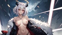 1girls 2023 ai_generated anime_nose big_breasts breasts breasts_out demon_girl demon_horns halo helltaker helltaker_(character) horned_female horned_humanoid horns large_breasts lxlbanner nipples nude red_eyes short_hair tagme topless white_hair