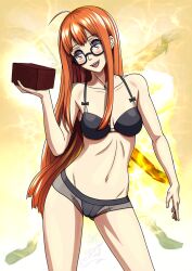 1girls black_bra black_lingerie black_panties bra breasts brick brown_eyes glasses holding_box inside_joke lingerie long_hair looking_at_viewer midriff navel orange_hair panties persona persona_5 rtgame sakura_futaba small_breasts yuki0art