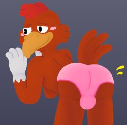 anthro ass avian beak big_bulge bird black_eyes blush briefs bulge chicken clothed clothing crossdressing disney feathers galliform gallus_(genus) gramy grey_background male orange_beak panchito_pistoles panties panties_only phasianid pink_clothing pink_panties pink_underwear red_body red_feathers simple_background smile solo tighty_whities topless underwear underwear_only white_body white_briefs white_clothing white_feathers white_underwear