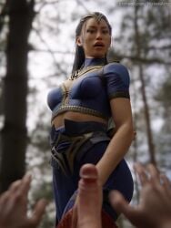 3d clothed_female cock_shock edenian kitana kitana_(new_era) light-skinned_male looking_at_penis mortal_kombat mortal_kombat_1_(2023) non-nude nyxenartz outdoors partial_male penis_awe