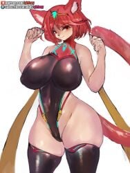 1girls anthro anthrofied black_leotard breasts cat_ears cat_tail catgirl core_crystal female fur girlsay highleg highleg_leotard large_breasts leotard looking_at_viewer nintendo pyra red_eyes red_hair short_hair solo solo_female thighhighs tiara xenoblade_(series) xenoblade_chronicles_2