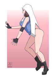 atomic_wedgie blue_topwear brown_hair brown_hair brunette_hair fingerless_gloves glove gloves jill_valentine justtrying justtryying_(artist) panties pantsless pantsu resident_evil underwear wedgie wedgies white_panties white_underwear