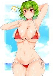 1girls ? areola_slip areolae armpits arms_up beach belly_button bikini blush breasts choker cleavage collarbone green_hair kazami_yuuka large_breasts micro_bikini navel nipples_visible_through_clothing open_mouth red_eyes roki_(hirokix) short_hair solo swimsuit swimwear thighs touhou two_piece_swimsuit wet wet_body yuka_kazami yuuka_kazami