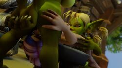 bleeding_dragon cunnilingus eating_pussy female_only gnome_(warcraft) gnome_female goblin goblin_female hands_behind_back large_breasts oral_sex pubic_hair shortstack threesome touching_ass warcraft world_of_warcraft