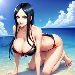 1girl 1girls ai_generated all_fours athletic athletic_female beach big_breasts bikini bikini_bottom bikini_top black_bikini black_hair black_thong blue_eyes breasts busty cleavage clouds curvy enmashusui fanart feet female female_focus female_only fit fit_female front_view huge_breasts large_boobs large_breasts leaning legs light-skinned light-skinned_female light_skin long_hair looking_at_viewer milf nico_robin ocean on_all_fours one_piece perky_breasts pinup portrait post-timeskip ribbon sea seaside side_view sky smile smiling smiling_at_viewer stomach swimsuit thick_thighs thighs tits toned toned_body toned_female toned_stomach two_piece_swimsuit water