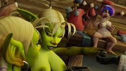 bleeding_dragon female_only gnome_(warcraft) gnome_female goblin goblin_female large_breasts pussy shocked_expression warcraft watching world_of_warcraft