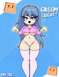 blue_eyes blue_hair breasts human legs open_mouth partially_clothed pink_stockings pink_t-shirt shy_jaz spooky's_house_of_jump_scares spooky_(shojs) stockings t-shirt toast