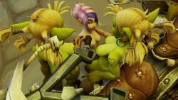 bleeding_dragon ear_piercing ear_ring female_only gnome_(warcraft) gnome_female goblin goblin_female large_breasts pubic_hair shortstack tattoo threesome warcraft world_of_warcraft