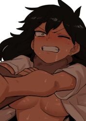 1boy 1girls angry angry_face asphyxiation big_breasts black_hair blush choking clenched_teeth dark-skinned_female drool drooling forced implied_rape implied_sex kurobe_natsumi_(shiromanta) large_breasts larger_male long_hair my_senpai_is_annoying neck_grab one_eye_closed open_clothes open_shirt pinned_down rape restrained saliva saliva_trail scowl senpai_ga_uzai_kouhai_no_hanashi shiromanta shirt slim_waist smaller_male struggling sweat sweating tagme teeth tomboy underboob weak_resistance wrist_grab