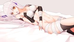 absurdres bandaged_arm bandaged_chest bandaged_leg bandages bed bed_sheet commission covering_body cyborg dungeon_and_fighter female grey_background grey_hair hair_ribbon highres holhorse_(205574) navel open_mouth ribbon silver_luster_tagore solo twintails white_hair yellow_eyes