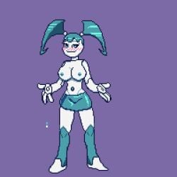 525bit animated big_breasts blue_eyes blue_hair boots breasts gif jenny_wakeman my_life_as_a_teenage_robot pixel_art purple_background robot robot_ears robot_girl robot_humanoid skirt solo topless white_body