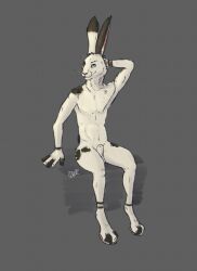 2018 animal_genitalia anthro black_and_white_body black_and_white_fur digitigrade drewzy_(artist) feet fur fur_markings genitals hair hand_behind_head hi_res jet_(bomba) lagomorph leporid male mammal markings multicolored_toes rabbit sheath simple_background sitting solo toes