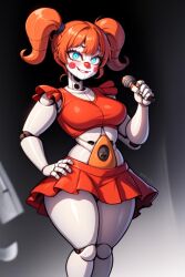 ai_generated baby_(fnafsl) blue_eyes circus_baby circus_baby_(fnaf) clown clown_girl clown_makeup five_nights_at_freddy's five_nights_at_freddy's:_sister_location microphone midriff red_hair rosy_cheeks short_skirt skirt stable_diffusion twintails white_skin