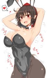 1girls armpits arms_up ass black_hair blush bow bowtie breasts bunny_costume bunny_ears bunny_girl bunnysuit cleavage fangs hat heart large_breasts looking_at_viewer navel_visible_through_clothes open_mouth pointy_ears red_eyes roki_(hirokix) shameimaru_aya short_hair solo sweat thighs tights tokin_hat touhou white_background