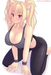 1girls ass blonde_hair breasts cat_ears catgirl female huge_breasts kneeling large_ass light-skinned_female light_skin long_hair red_eyes sports_bra sportswear thick_thighs tiffy tiffynyaa yoga_pants