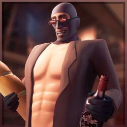 abs alcohol barely_clothed bread glasses gloves holding_alcohol jacket jacket_only jacket_open liquor muscles muscular muscular_male open_jacket pecs solo_male spy_(team_fortress_2) team_fortress_2