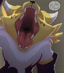 2023 absurd_res anthro bandai_namco bodily_fluids closed_eyes digimon digimon_(species) digital_media_(artwork) dripping english_text fur hi_res imminent_vore kuroodod macro mawshot mouth_open mouth_shot renamon saliva saliva_drip sharp_teeth simple_background speech_bubble teeth text tongue tongue_out white_body white_fur yellow_body yellow_fur