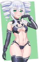 bare_shoulders black_sister blush boob_window female female_only front_view fully_clothed goddess green_eyes hand_to_own_mouth light-skinned_female looking_away neptunia_(series) open_mouth revealing_clothes shiny_clothes shiny_skin skimpy_armor skimpy_clothes small_breasts solo stiris_rangetsu thighhighs twin_drills uni_(neptunia) white_hair