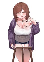 :d black_shorts blush body_writing breasts brown_eyes brown_hair canvas_(object) cleavage collarbone commission female jacket jewelry large_breasts long_hair long_sleeves looking_at_viewer off_shoulder open_clothes open_jacket open_mouth original painting pixiv_commission purple_jacket ring sangobob shirt short_shorts shorts simple_background single_bare_shoulder smile solo swept_bangs tank_top thigh_gap translation_request white_background white_shirt