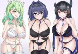 3girls :q absurdres antlers arms_under_breasts black_bra black_garter_belt black_hair black_panties black_thighhighs blue_bow blue_eyes blue_hair blue_nails blue_ribbon bow bow_panties bra braid breasts broken_horn brulee ceres_fauna chain_headband collarbone colored_inner_hair crossed_arms garter_belt garter_straps green_hair green_nails green_ribbons hair_between_eyes hair_ornament hands_on_own_chest highres hololive hololive_english hololive_english_-advent- hololive_english_-council- hololive_english_-promise- horns large_breasts long_hair mole mole_under_eye multicolored_hair multiple_girls navel neck_ribbon nerissa_ravencroft ouro_kronii panties purple_eyes ribbon ribbon_between_breasts short_hair thigh_strap thighhighs tongue tongue_out twitter_username underwear very_long_hair virtual_youtuber white_bra white_garter_straps white_panties white_thighhighs