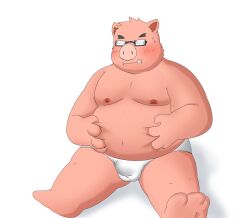 2023 anthro belly blush bulge clothing cute_fangs domestic_pig eyewear givemepudding3 glasses hi_res humanoid_hands kemono male mammal moobs nipples overweight overweight_male simple_background sitting solo suid suina sus_(pig) underwear white_background