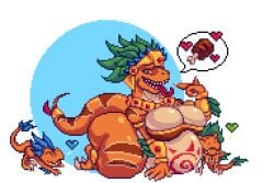 1girls bellybelting big_belly big_breasts blue_background dinosaur dinosaur_girl oc pixel_art plump thick_thighs transparent_background