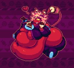 1girls ass_cleavage bad_anatomy bbw bellybelting big_breasts butt_crack cake cake_slice chocolate doughnut eating fat fat_rolls huge_belly oc pixel_art thick_thighs