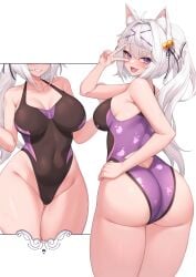 1girls ass big_ass big_breasts big_butt breasts bubble_butt cat_ears catgirl dat_ass female filian filian_(vtuber) hi_res indie_virtual_youtuber kuavera large_ass light-skinned_female light_skin long_hair medium_breasts naughty_face one-piece_swimsuit peace_sign smile swimsuit thick_thighs thigh_gap twintails virtual_youtuber white_hair