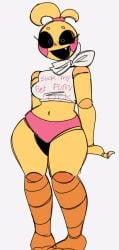 belly_button bib big_hips black_sclera five_nights_at_freddy's five_nights_at_freddy's_2 fnaf implied_futanari large_hips midriff panties rosy_cheeks scrunchie suggestive_clothes suggestive_clothing thick_thighs thighs toy_chica_(fnaf) yellow_body