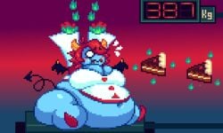 1girls anthro bbw bellybelting big_breasts cake cake_slice eating fat huge_belly oc pixel_art thick_thighs