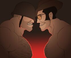 angry armpit_hair faceoff glasses hairy hairy_chest hairy_male hat helmet helmet_only human male_only nude remert sniper_(team_fortress_2) soldier_(team_fortress_2) team_fortress_2