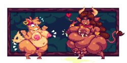 2girls anthro bad_anatomy bbw bellybelting big_ass big_belly big_breasts fat fat_rolls lactation oc pixel_art thick_thighs transparent_background