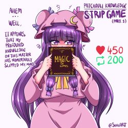 book dialogue english hat hiding_face long_hair nervous nervous_face patchouli_knowledge purple_dress purple_eyes purple_hair purple_hat purple_ribbon seireiart strip_game text touhou white_body