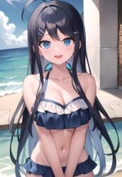 1girls :d ahoge ai_generated bangs bare_arms bare_shoulders beach bikini bikini_skirt black_bikini black_hair blue_bikini blue_eyes blue_sky blush boat breasts caustics cleavage cloud cloudy_sky collarbone cowboy_shot danganronpa day eyebrows_visible_through_hair female female_only frilled_bikini frills hair_between_eyes hair_ornament hairclip halterneck horizon lake long_hair looking_at_viewer maizono maizono_sayaka medium_breasts mole mountainous_horizon navel ocean open_mouth outdoors pier pool poolside sand shore sidelocks sky smile solo standing stomach swimsuit teeth upper_teeth very_long_hair water waves wet