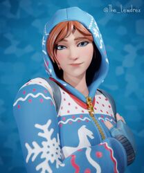 1girls 3d blender blue_eyes close-up clothed clothing epic_games face_closeup face_focus female female_focus female_only fortnite fortnite:_battle_royale highres hood hood_up lewdrex light-skinned_female light_skin onesie onesie_(fortnite) orange_hair presenting simple_background smile smiling solo solo_focus watermark