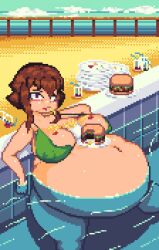 1girls bad_anatomy bellybelting big_breasts bloated_belly burger eating fat huge_belly in_pool oc pixel_art pool thick_thighs