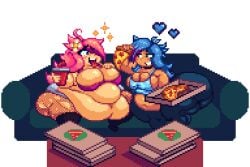 2girls bbw bellybelting big_belly big_breasts fat fat_rolls feederism feeding huge_belly multiple_girls oc pixel_art thick_thighs transparent_background