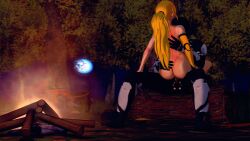 1girls 1monster blonde_hair campfire forest grimm_(rwby) high_ponytail long_hair monster nature nature_background ponytail prosthetic prosthetic_arm ricochet3d rwby tagme yang_xiao_long