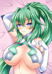 arm_up bare_shoulders big_breasts blush close-up goddess green_hair green_heart green_heart_(neptunia) hands_behind_head kyou light-skinned_female looking_at_viewer lying_on_back neptunia_(series) ponytail purple_eyes smile solo underboob vert