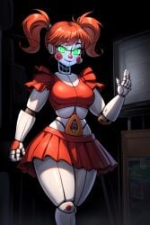 ai_generated baby_(fnafsl) circus_baby circus_baby_(fnaf) clown clown_girl clown_makeup five_nights_at_freddy's five_nights_at_freddy's:_sister_location green_eyes midriff red_hair rosy_cheeks short_skirt skirt stable_diffusion twintails waving white_skin