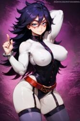 1girls ai_assisted ai_generated alternate_art_style arm_up bangs blue_eyes bodysuit boku_no_hero_academia cameltoe domino_mask erect_nipples_under_clothes erotic_nansensu garter_straps hair_between_eyes handcuffs large_breasts midnight_(my_hero_academia) my_hero_academia no_bra purple_hair smile stable_diffusion superheroine thighhighs