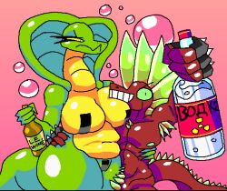 alcohol alcoholic_drink beverage breast_squeeze breasts bright_colors bubble chubby_female cobra colored covered_nipples covered_penis covered_pussy dragon drunk drunk_bubble duo face_on_breast female grumpy hi_res insaniousjaydonius larger_female makarov_(insaniousjaydonius) male male/female muscular muscular_male nipples pecs reptile russian russian_text scalie silly size_difference smaller_male smile smiling_at_viewer snake spikes spikes_(anatomy) substance_intoxication tail text tula_(insaniousjaydonius) vodka