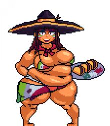 1girls 2d bellybelting big_belly big_breasts chubby chubby_female fat fat_rolls mexican mexican_female mexican_food oc pixel_art plump taco thick_thighs transparent_background