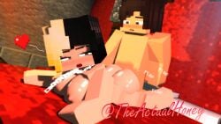 1boy 1boy1girl 3d ass_squeeze bedroom big_ass big_breasts big_butt black_and_blonde_hair dick female fucked_from_behind honey_(tah) looking_back mine-imator minecraft plap theactualhoney