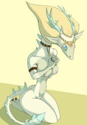 anthro anthrofied antlers big_breasts blonde_hair breasts bulging_eyes choker clasped_hands clothing dragon dress duo eastern_dragon english_text f_draws female genitals hair hi_res horn jewelry kneeling light_dragon_(totk) multicolored_eyes necklace nintendo nipples nude princess_zelda pussy scalie small_waist solo speech_bubble spikes tail tears_of_the_kingdom text the_legend_of_zelda thick_thighs zelda_(tears_of_the_kingdom)