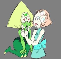 2girls after_kiss chin_grab drool dzk eye_roll gem_(species) heart-shaped_pupils kissing large_ass lesbian_kiss pearl_(steven_universe) peridot_(steven_universe) saliva_trail steven_universe unimpressed yuri